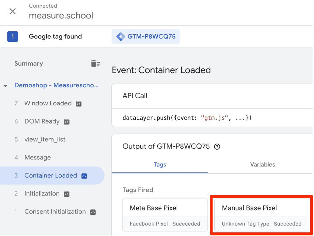 Manual base pixel tag in GTM tag assistant