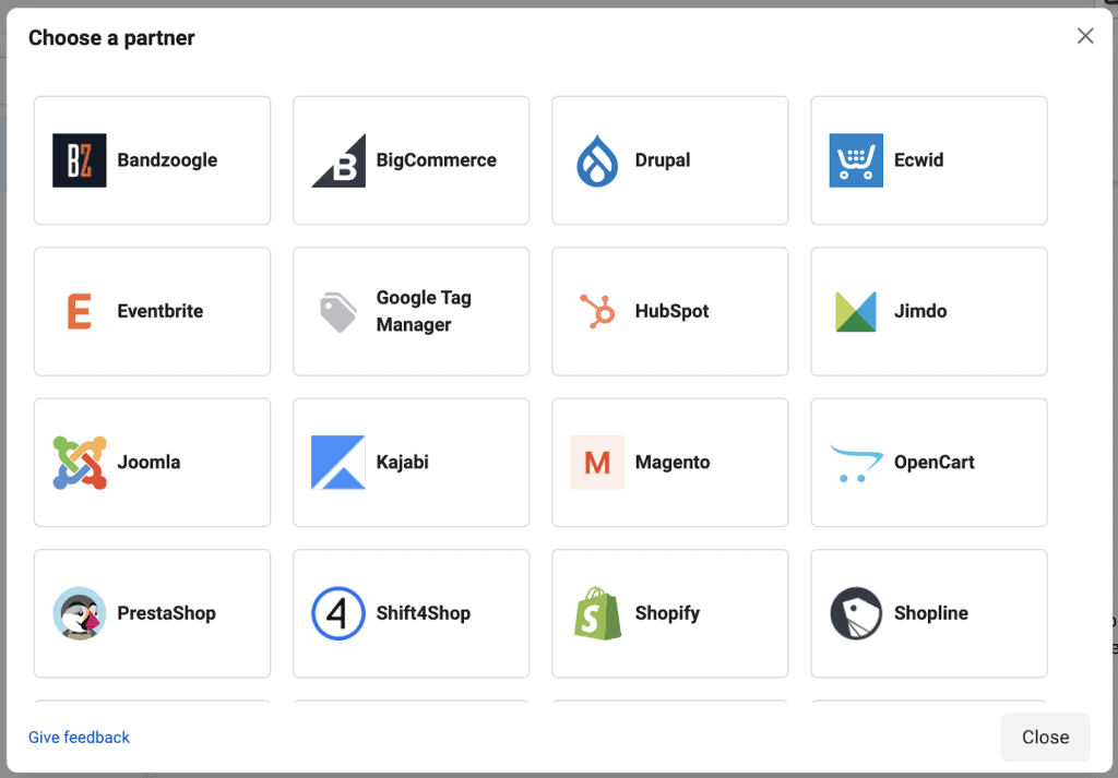 Meta partner integrations to install the Pixel