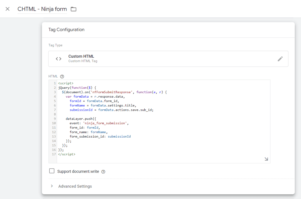 Pasting the custom HTML code