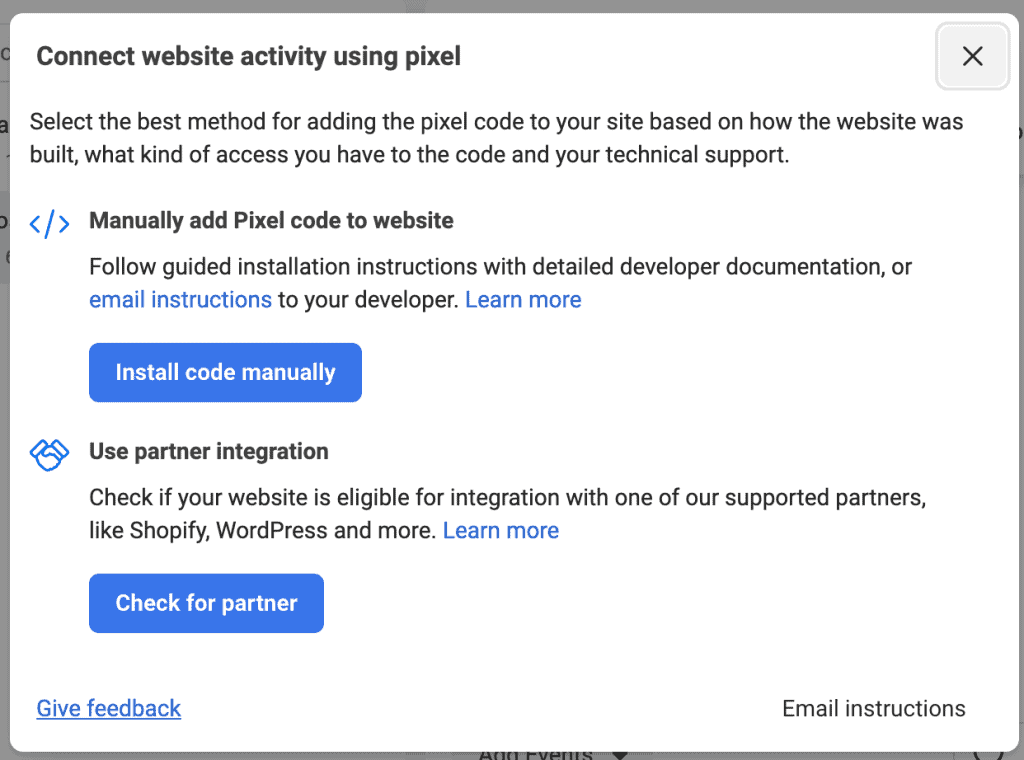 Pixel installing options in the events manager