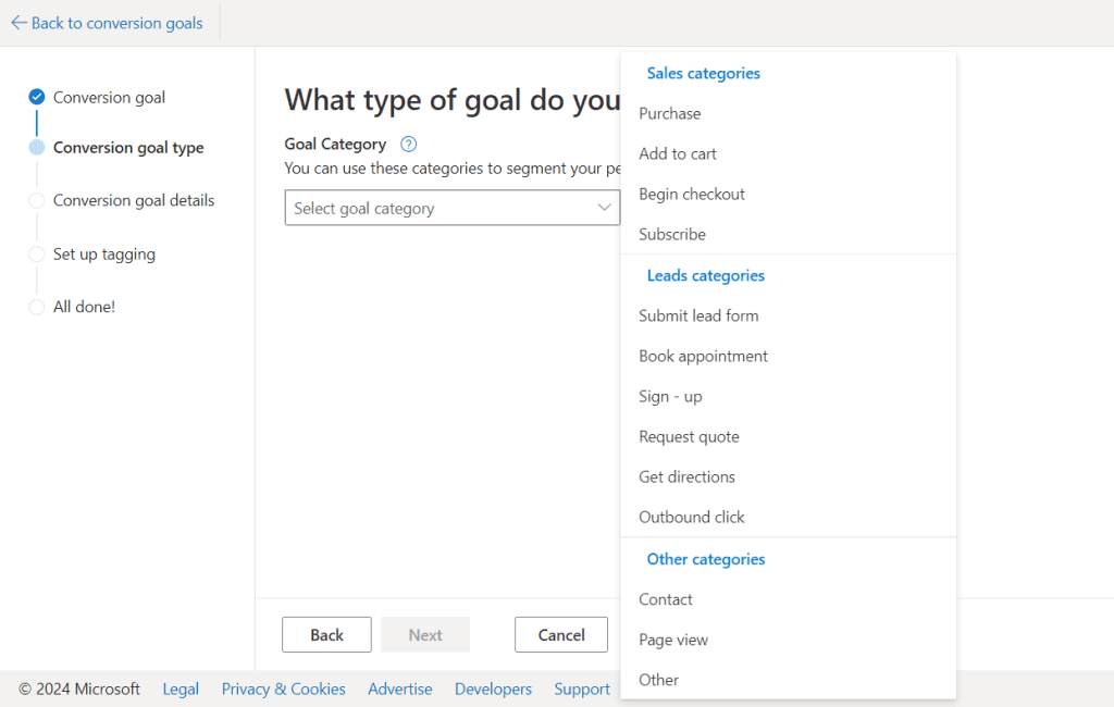 Selecting a goal type