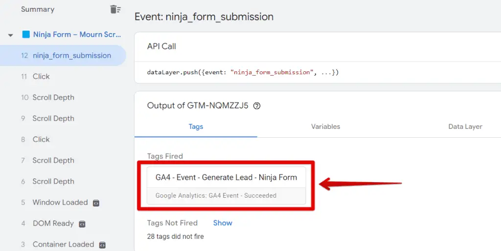Successful GA4 Ninja form submission event