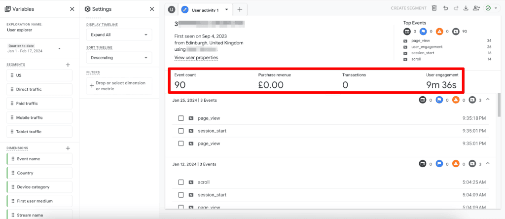 Summary of metrics in User Explorer