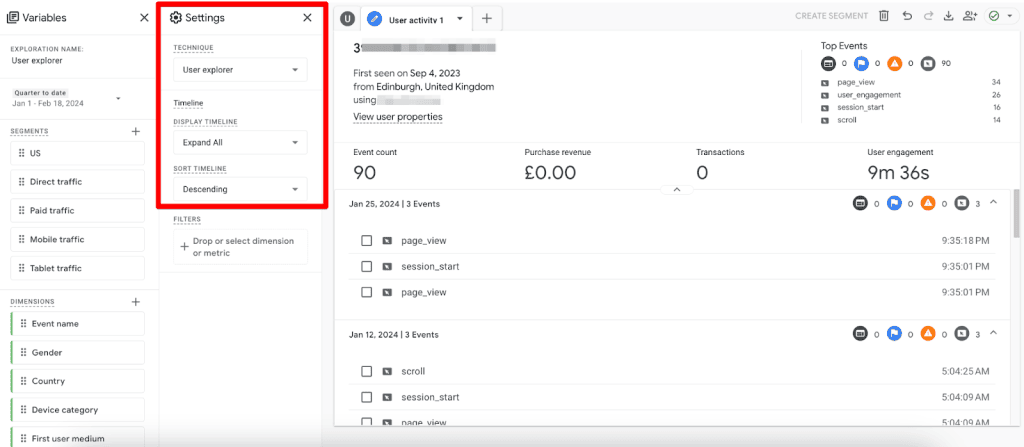 Time settings in User Explorer