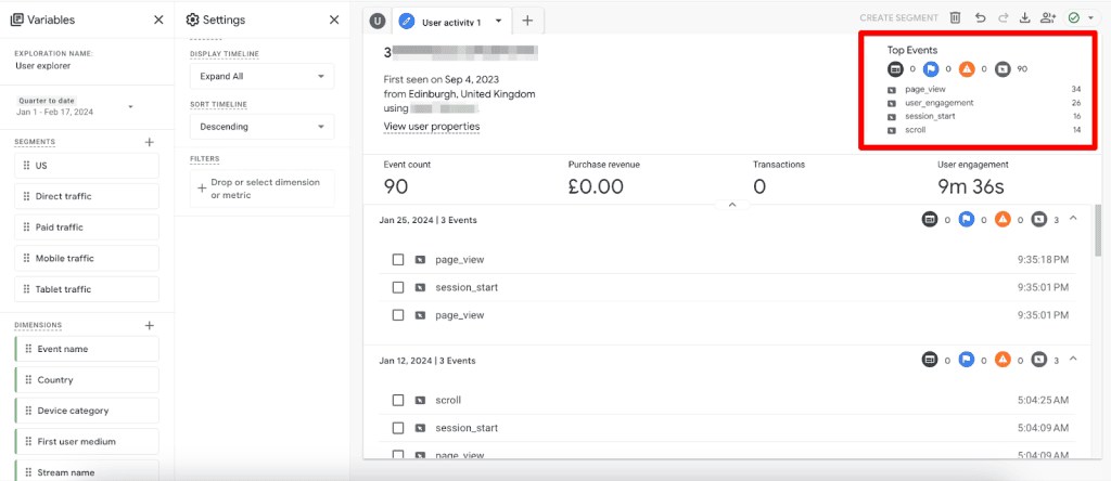 Top events in the User Explorer report
