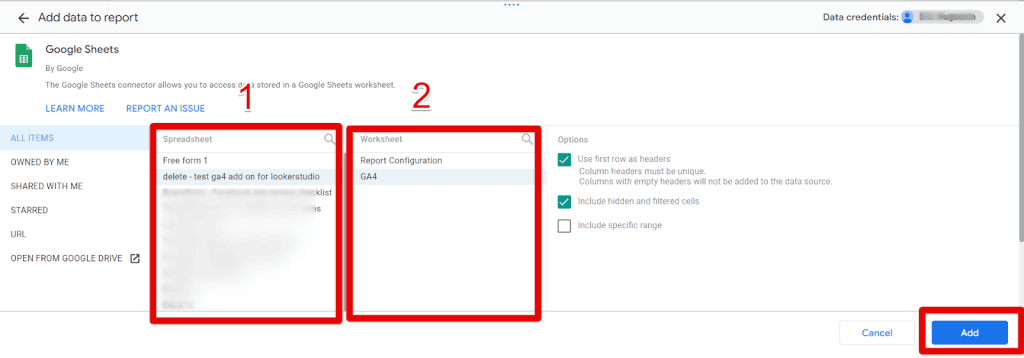 Adding the worksheet to Looker Studio