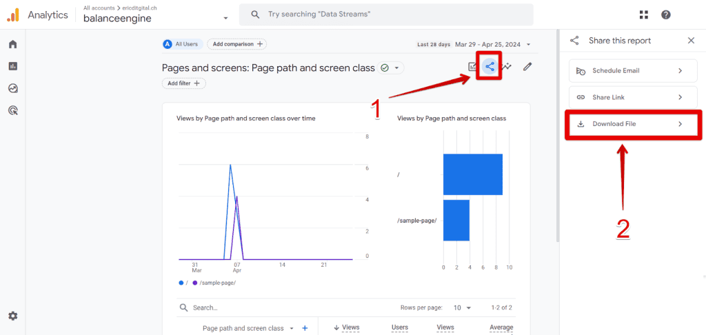 Clicking the share icon and download file options