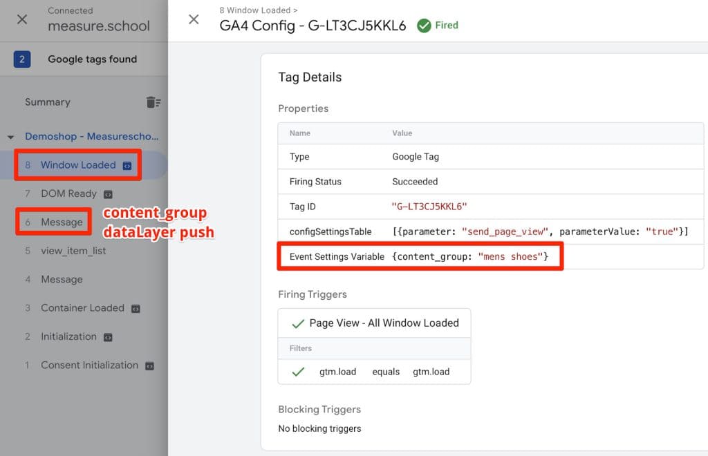 GTM preview mode showing the content_group values with the event settings variable