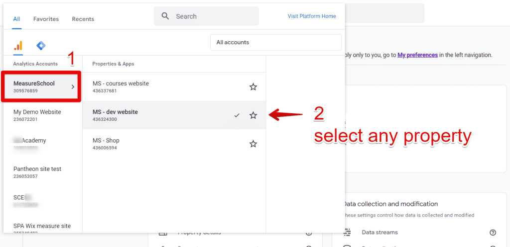 Selecting a property for an account deletion