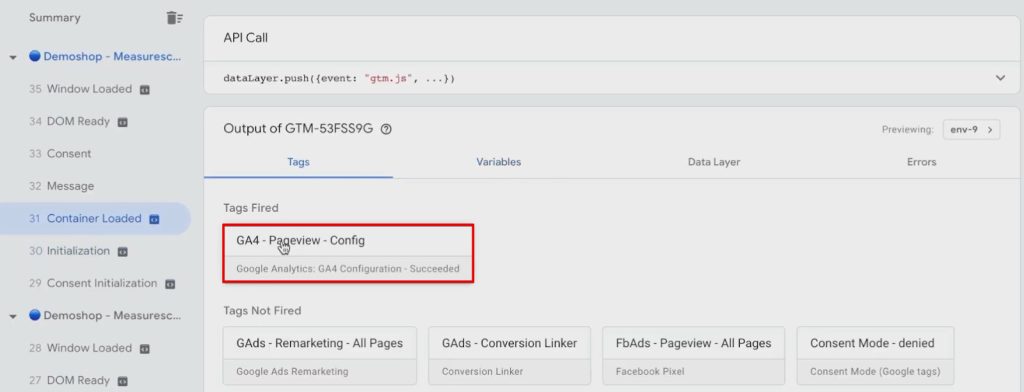 Analyzing fired Tags from the container loaded section of the GTM preview window