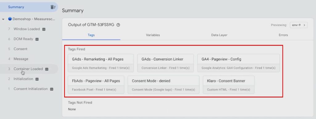 Analyzing the fired Tags from the Container loaded section of the GTM preview window