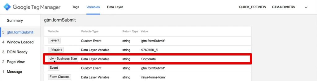 Data layer variable in the Tag Assistant