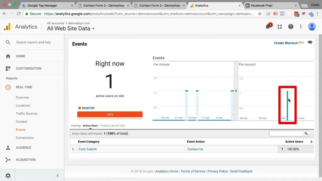 Event recorded on Google Analytics real-time reporting section