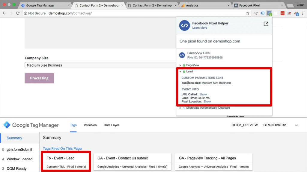 Facebook lead event in the Facebook Pixel Helper extension