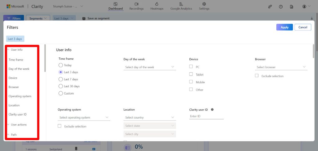 Filter options in Microsoft Clarity