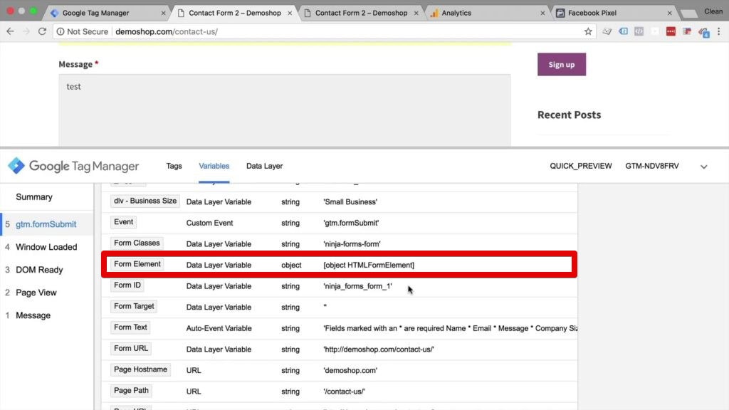 Inspect the form trigger variables in the data layer