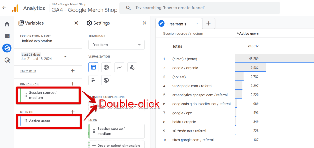 Adding source/medium and metric to Explorations