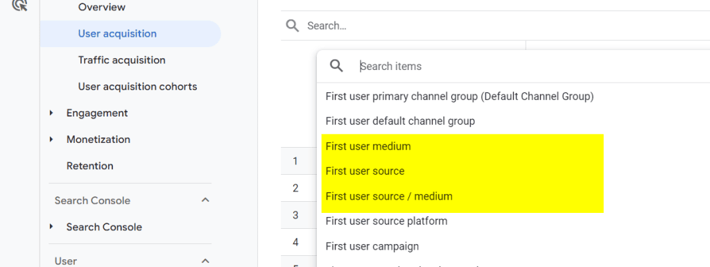 First user source and medium dimensions