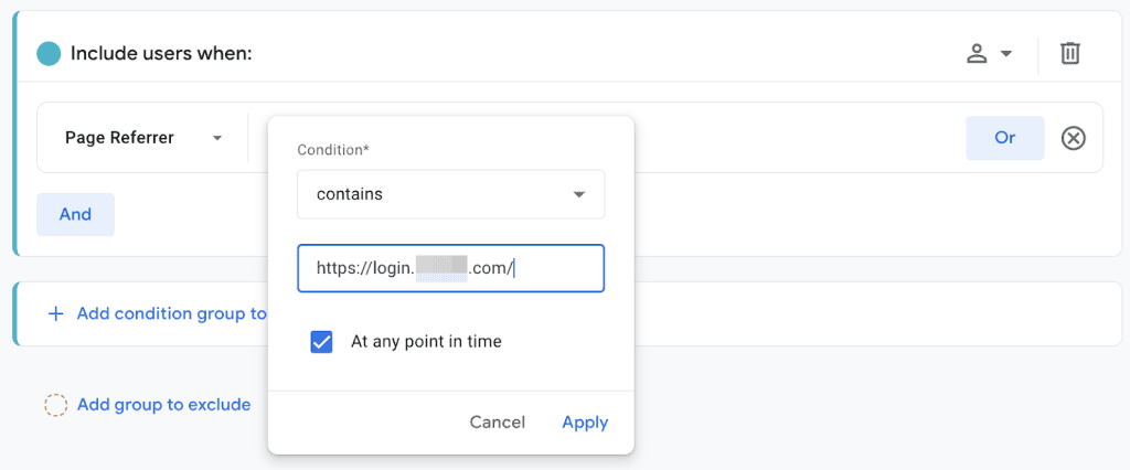 Page referrer audience for internal pages