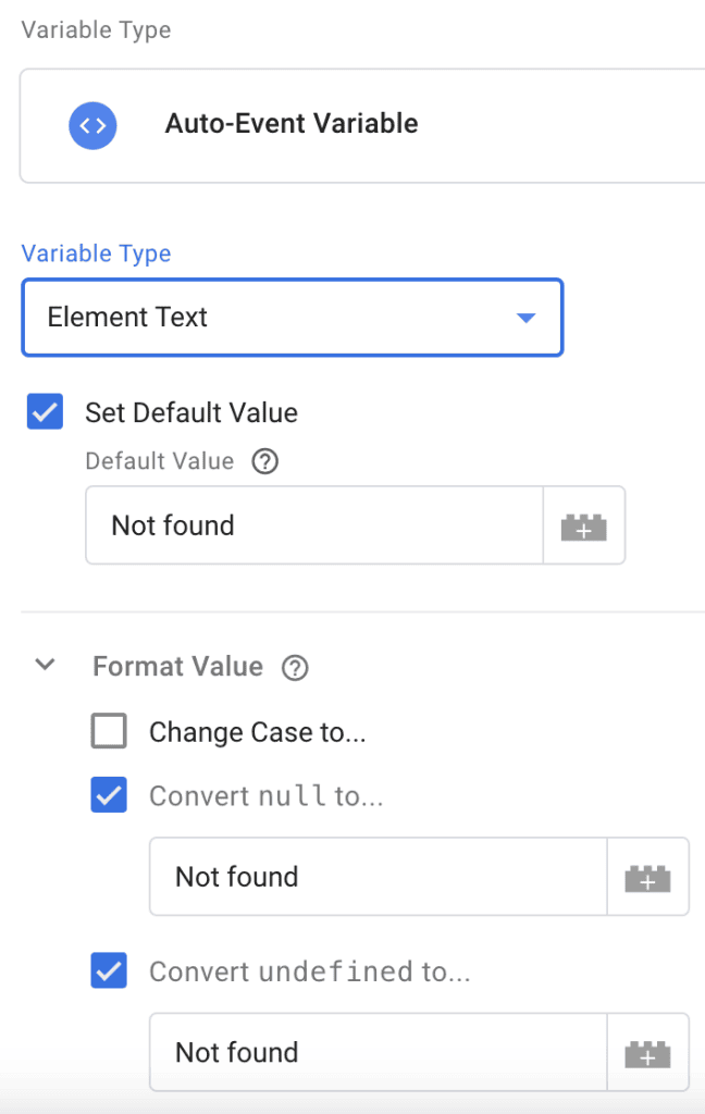 Auto-element variable with a default value and format value customization