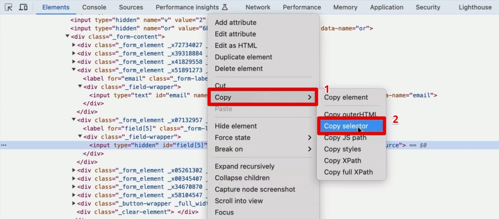 Copying the CSS selector of the UTM source field