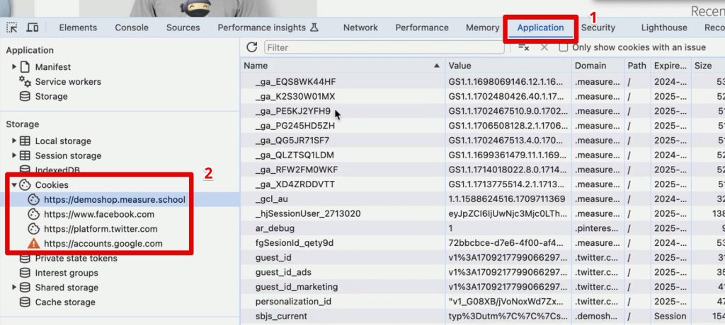 Going to the cookies section in the developer tools