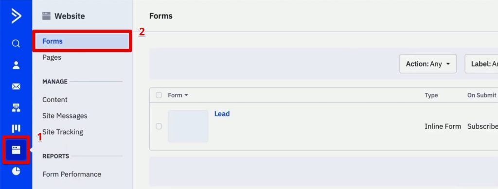 Going to the forms list in ActiveCampaign