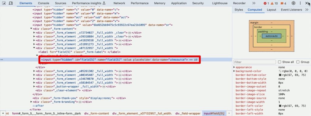 Making the custom form fields hidden in the developer tools