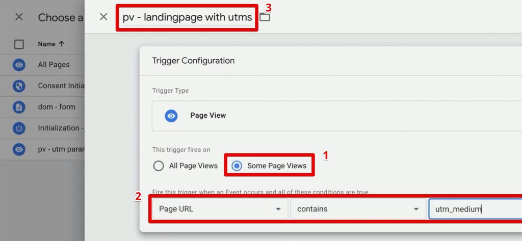 Page view trigger where the page URL contains UTM information