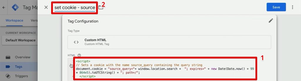 Pasting the set cookie code to the custom HTML tag