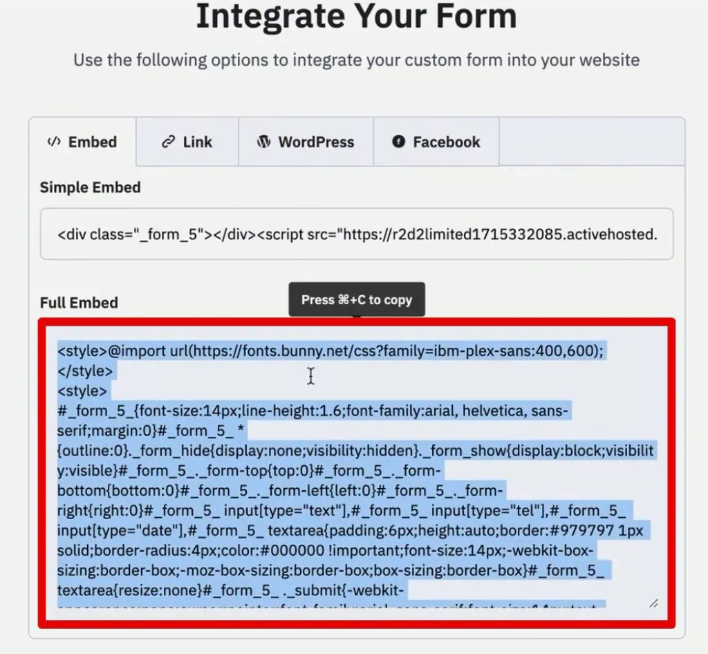 The embedded HTML code for integrating the form into the website