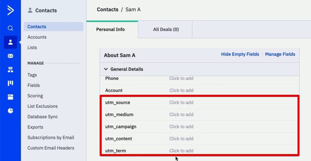 UTM parameter fields in the ActiveCampaign user profile