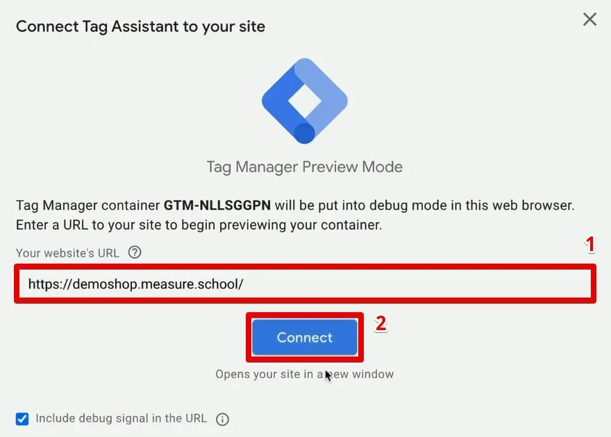 Connecting the tag assistant to the demo shop