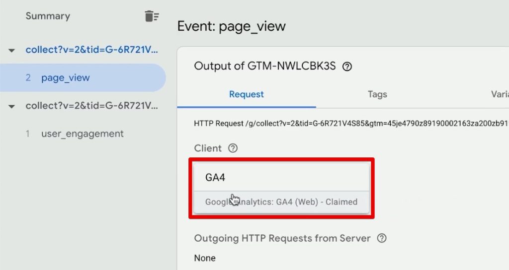 GA4 client claiming the page view server request