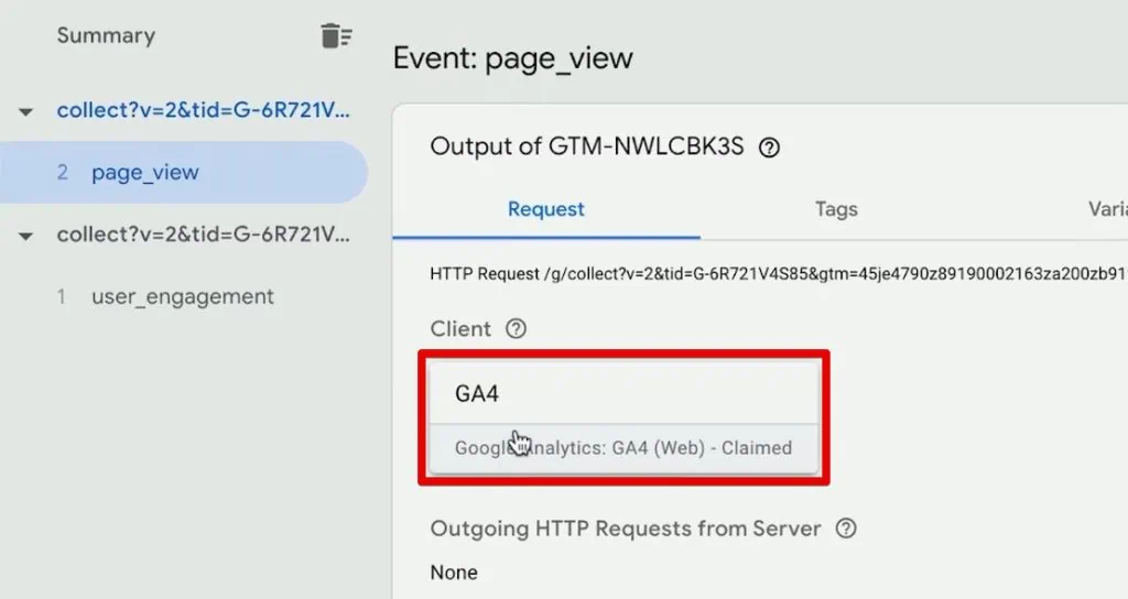 GA4 client claiming the page view server request