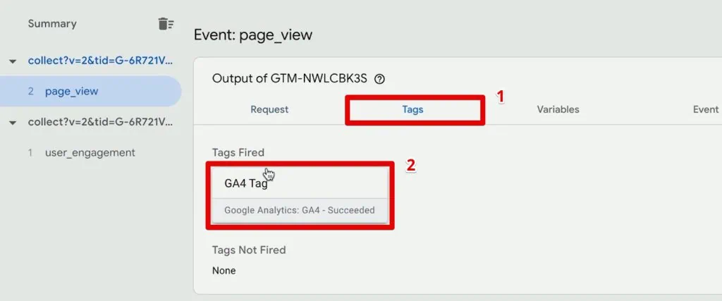 GA4 tag fired in the GTM server preview mode