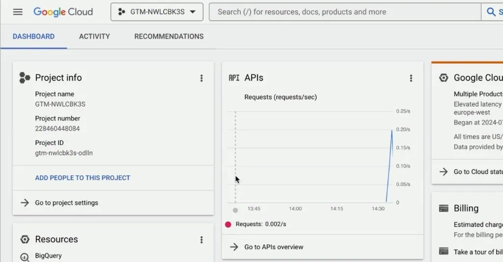 Google Cloud Platform project dashboard