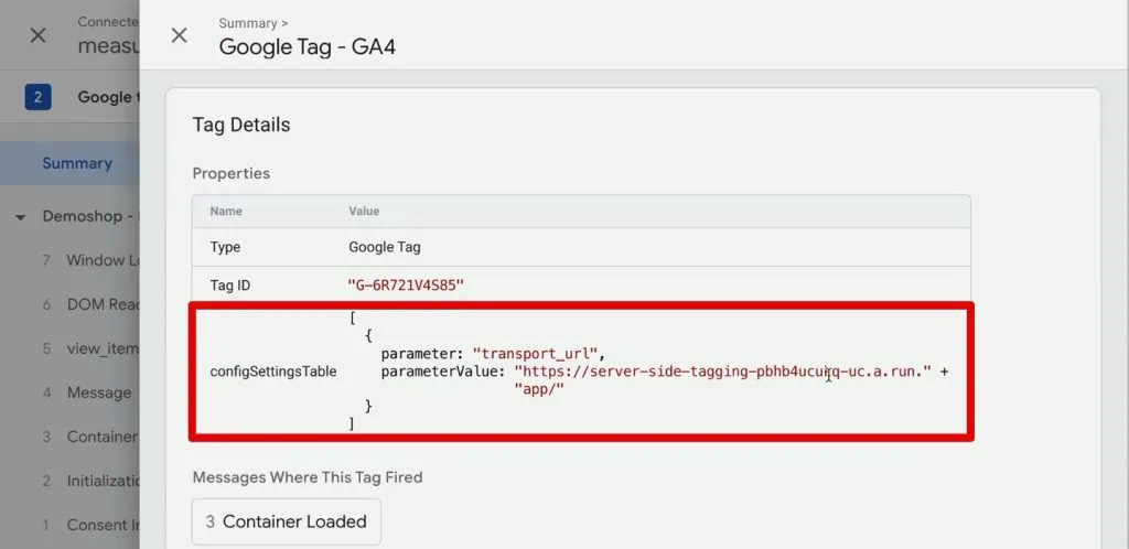 Opening the Google tag configuration settings table