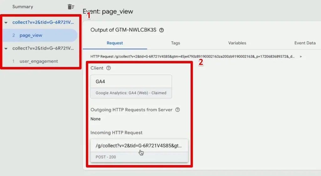 Page view request from GA4 in the server instance