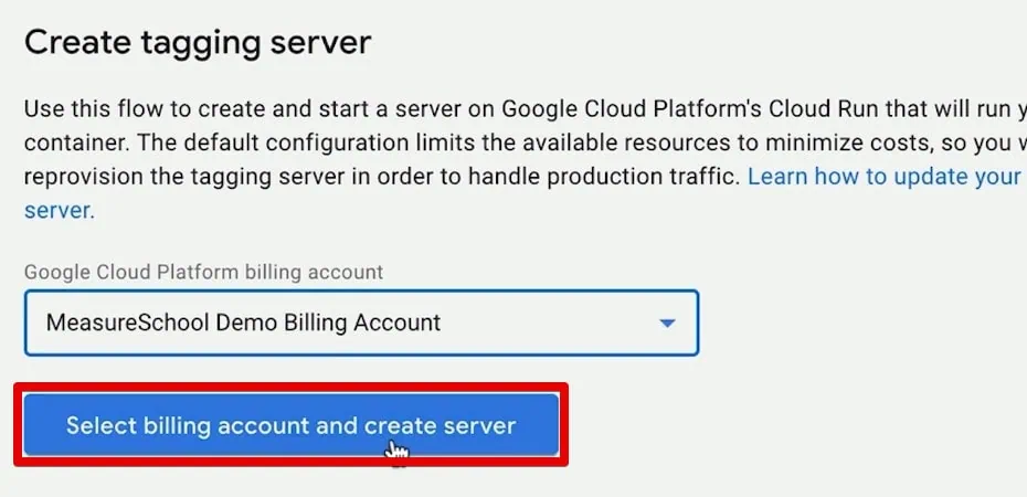 Selecting the billing account to create the tagging server