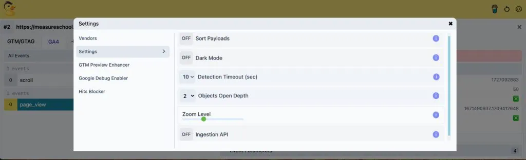 Analytics debugger display settings