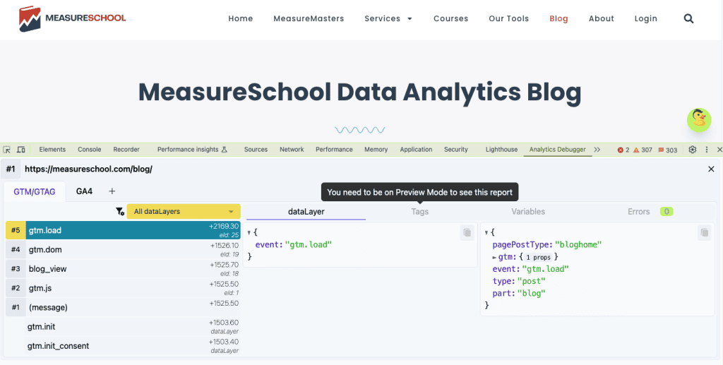 Analytics debugger showing GTM / dataLayer messages