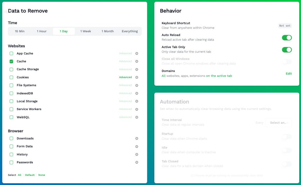 Clear cache extension settings
