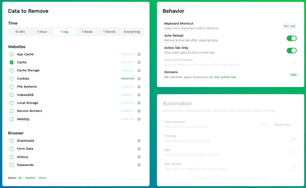 Clear cache extension settings