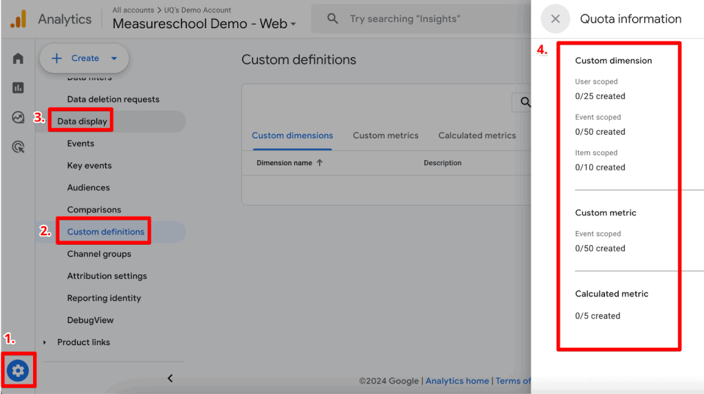 Custom definition quota information in GA4