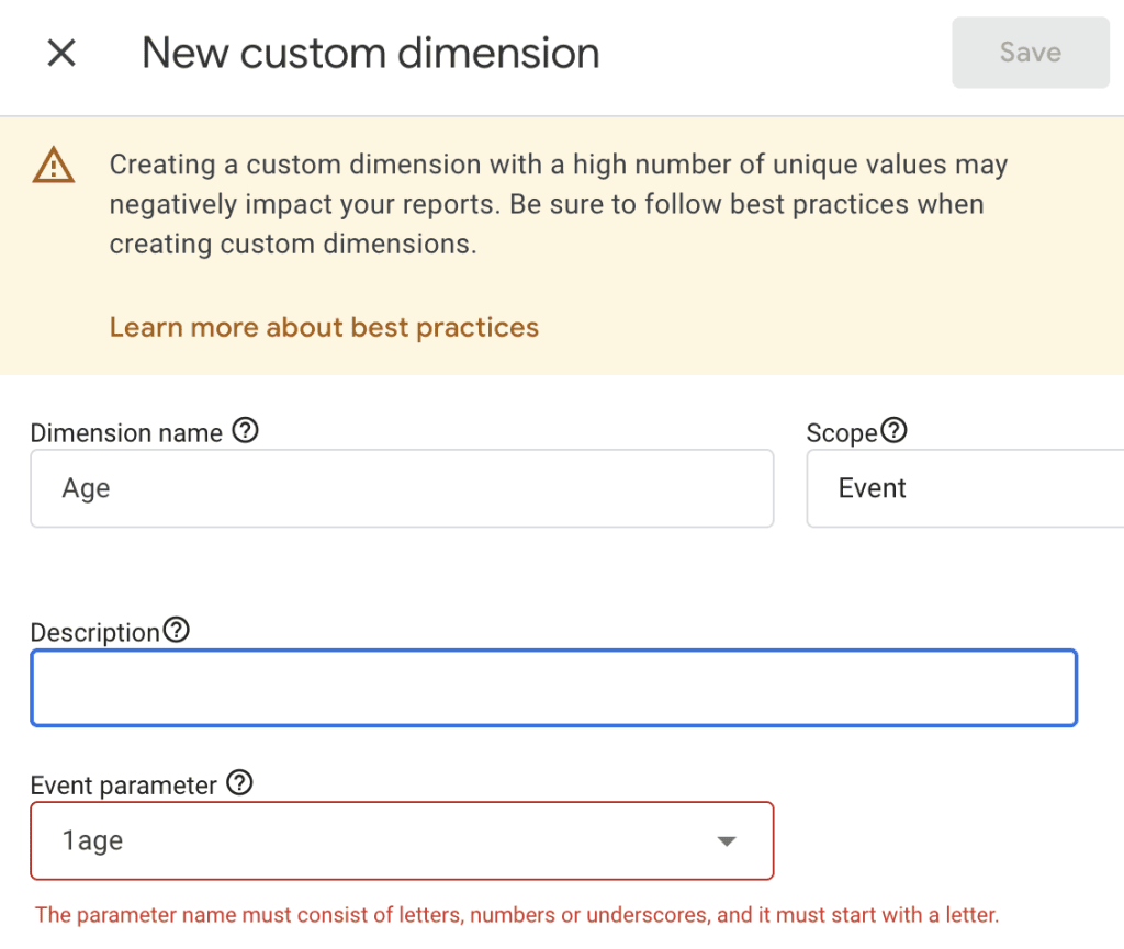 Error in GA4 when registering parameter starting with number