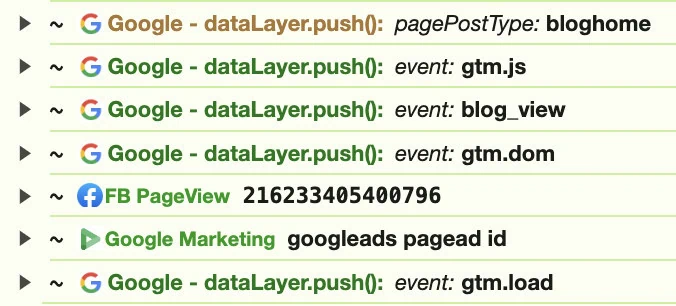 Inspector+ showing Google Marketing and Facebook messages