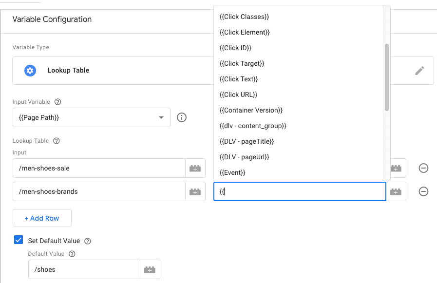 Lookup Table showing variables with curly brackets