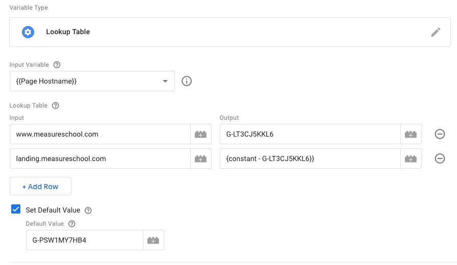 Lookup Table variable for the main and test GA4 properties