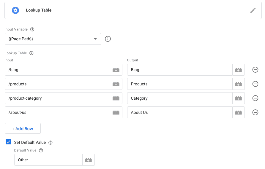 Lookup Table variable to set up content groups